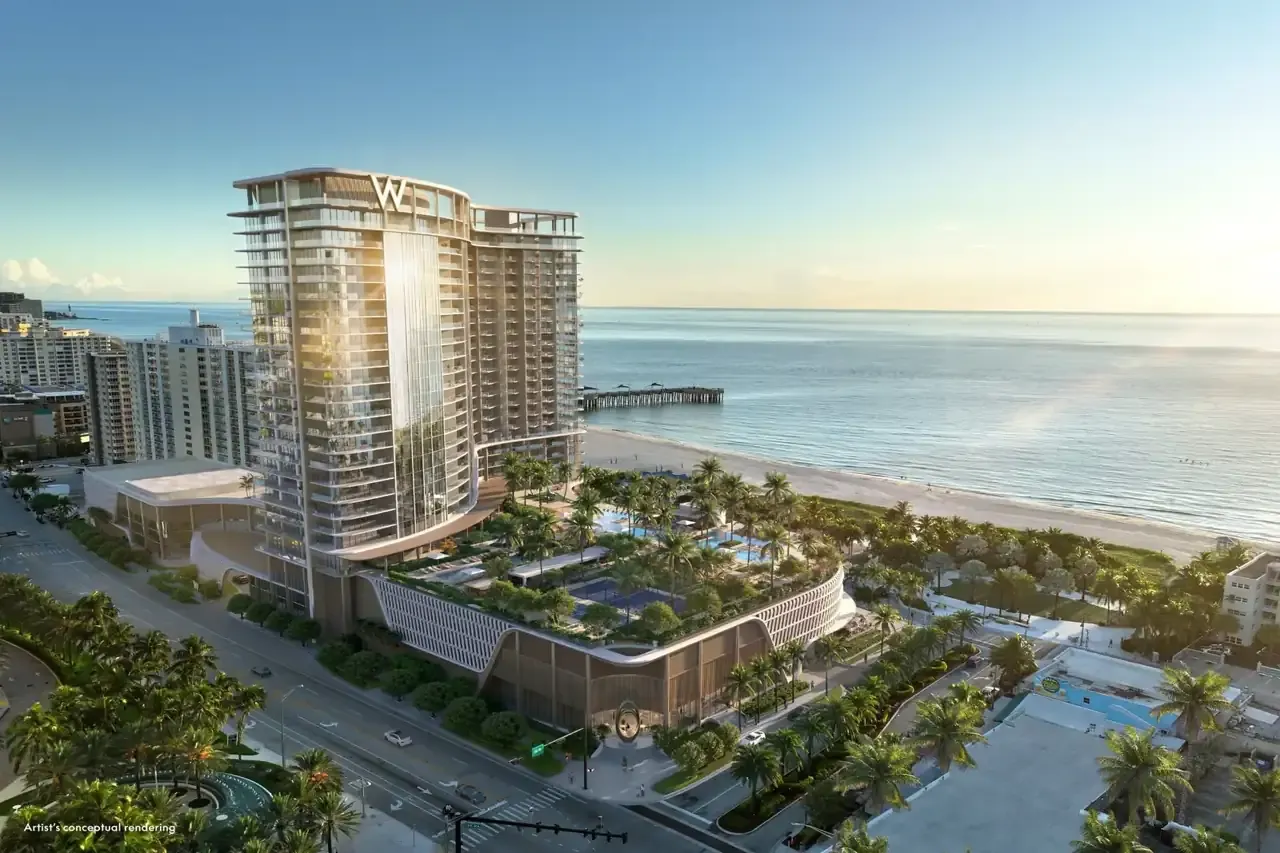 W Pompano Beach Hotel & Residences — fachada oceanfront ao entardecer