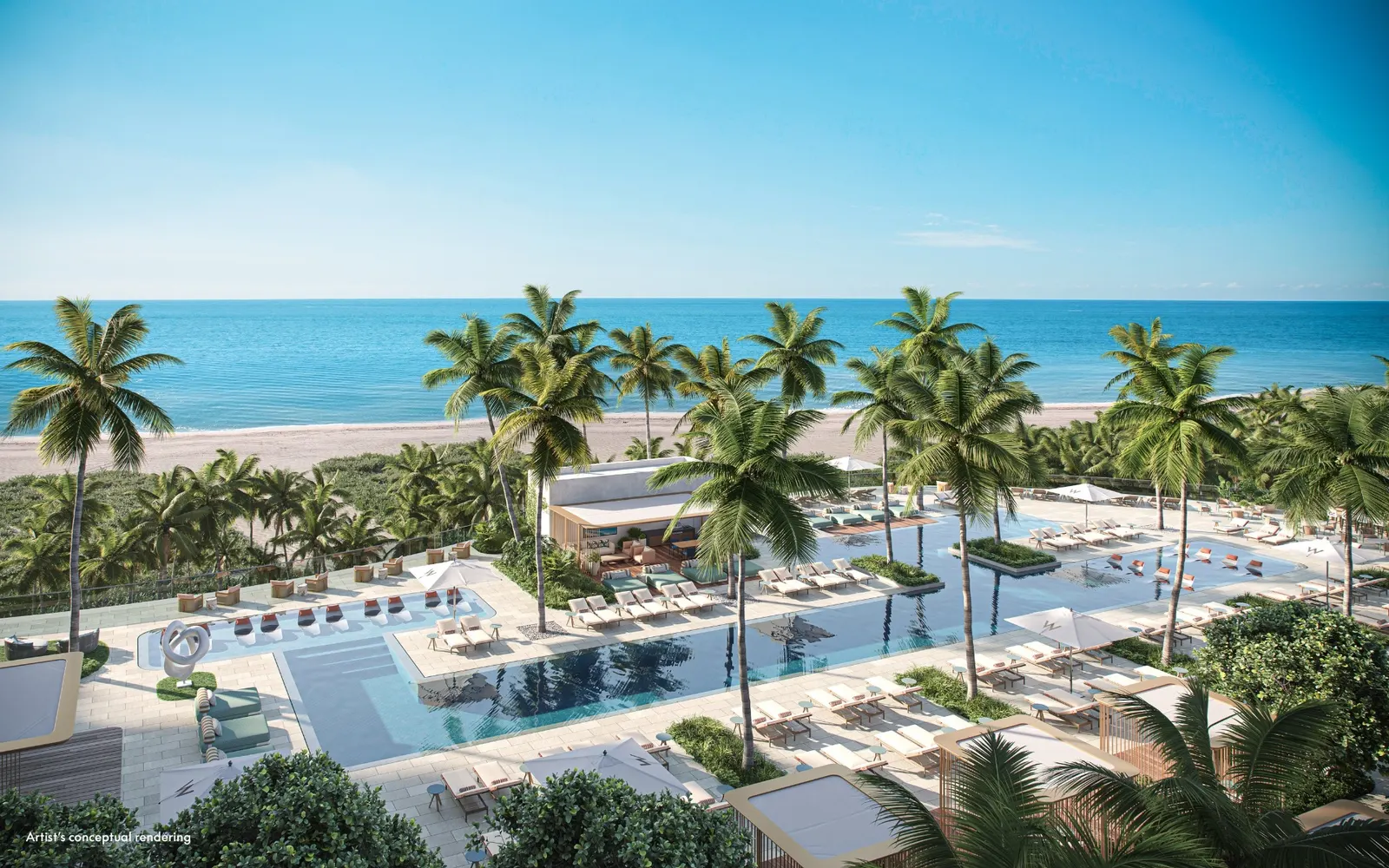 Piscina com vista oceânica e cabanas privativas